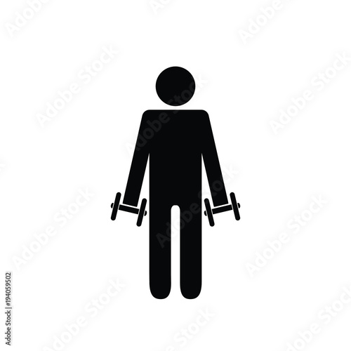 Pictogram man holding light dumbbells in front on his sides. Isolated vector on white background.