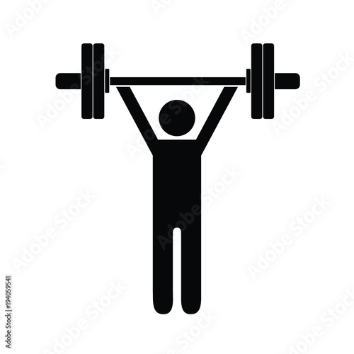 Pictogram man holding barbell with four weights above his shoulders. Isolated vector on white background.