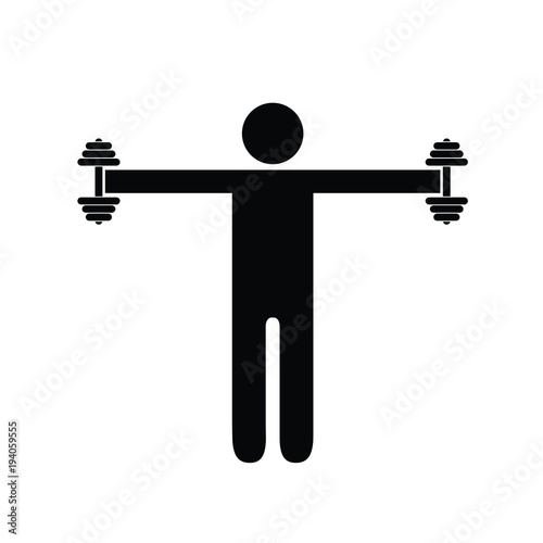 Pictogram man holding heavy dumbbells on his sides at shoulder height. Isolated vector on white background.