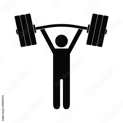 Man figure holding bent barbell on white background. Isolated vector icon.