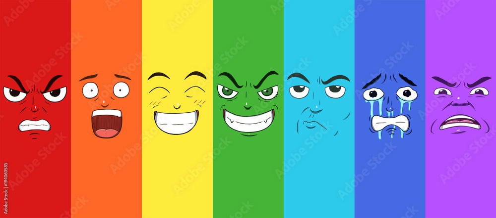 Various faces showing different emotions in a rainbow pattern. Anger, surprise, happiness, evilness, doubtful, sadness and disgust. - obrazy, fototapety, plakaty 