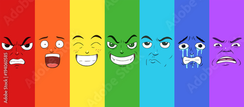Various faces showing different emotions in a rainbow pattern. Anger, surprise, happiness, evilness, doubtful, sadness and disgust. photo