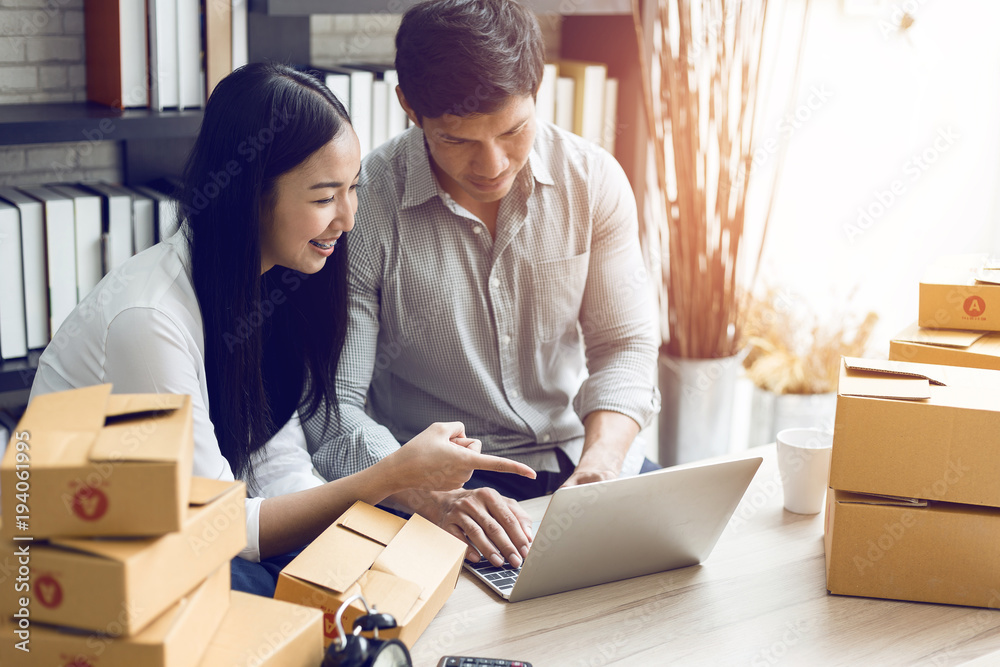 Women and men working on laptop computer at home office, startup Online Marketing concept