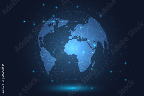 Glowing global network connection. World map mesh and line as global business  composition concept. Vector Illustration.