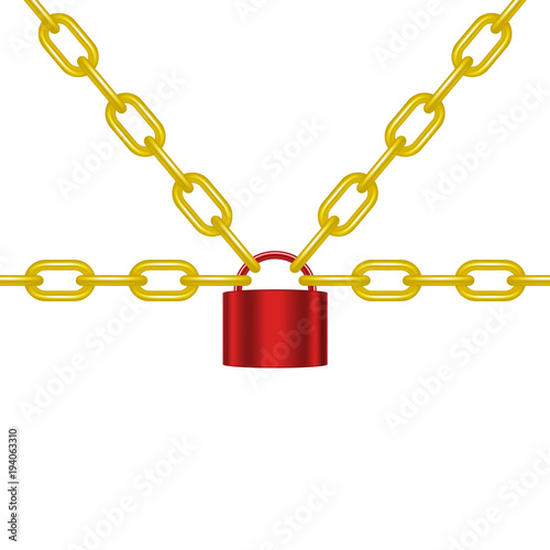 Golden chains locked by padlock in red design 