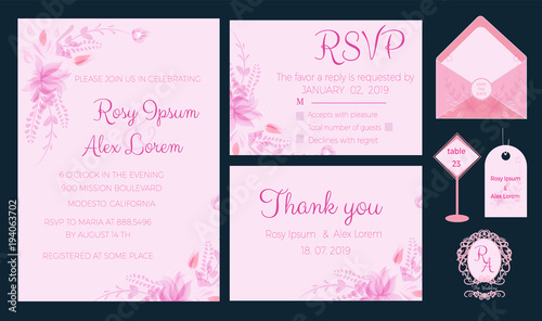 Vector set of invitation cards with flowers elements Wedding collection