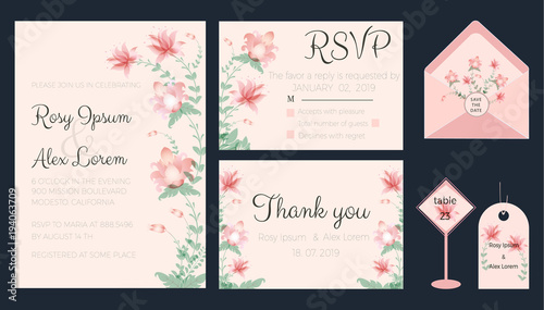Vector set of invitation cards with flowers elements Wedding collection © Nilawon