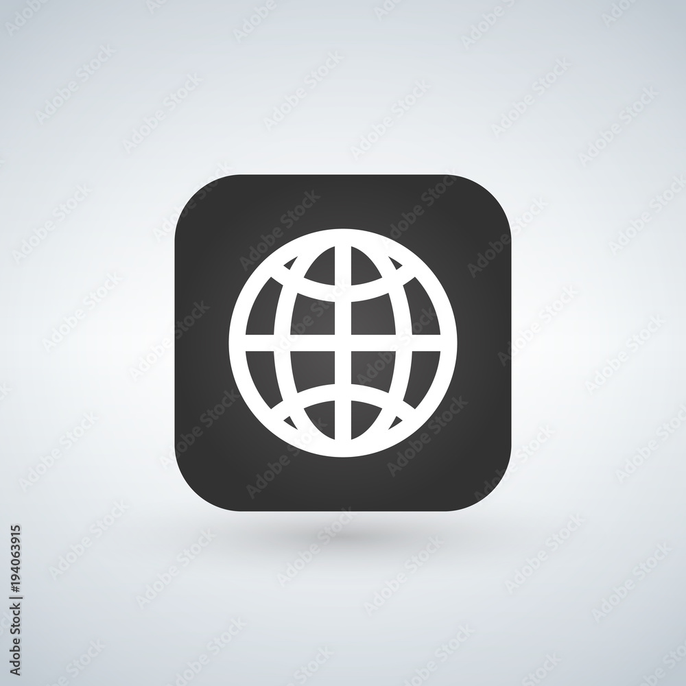 Globe icon over black app button with shadow, vector illustration. Globe icon over black app button with shadow, vector illustration.