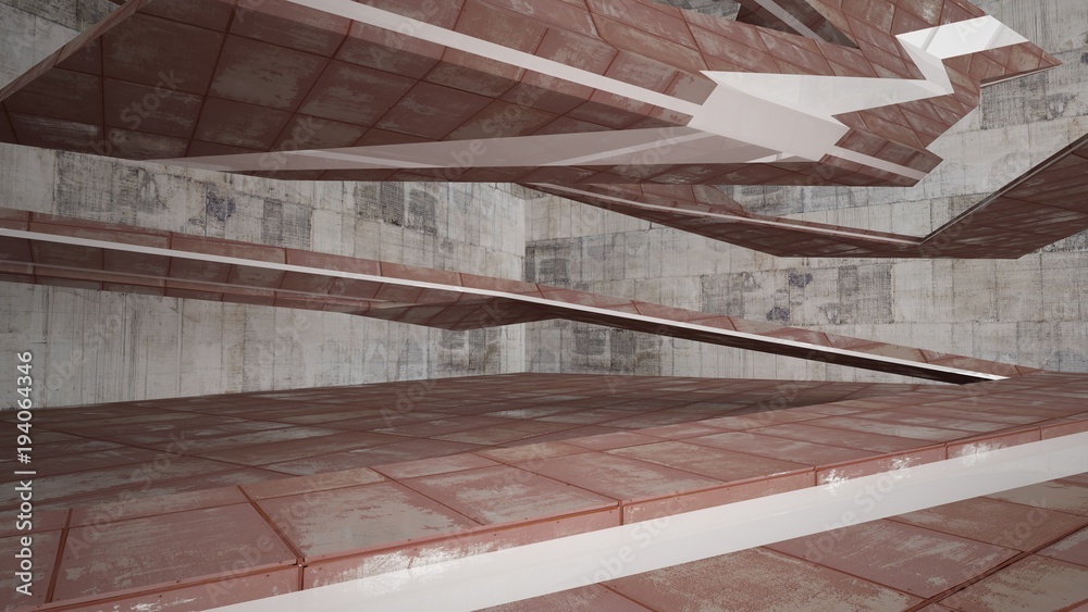 Fototapeta premium Empty smooth abstract room interior of sheets rusted metal with gray concrete. Architectural background. 3D illustration and rendering