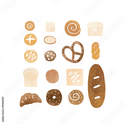 Hand drawn vector illustration of watercolor bread and bakery product set on white background.