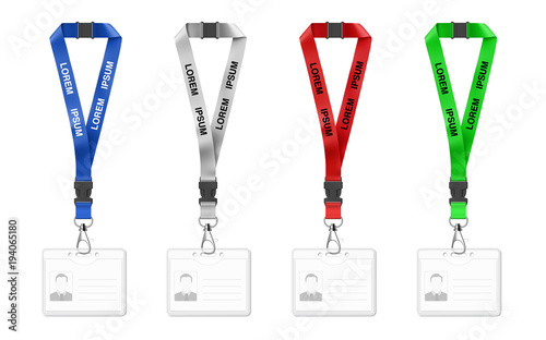 Set of lanyards with id card. Vector illustration isolated on white background. Ready mockup to use for for presentations, conferences and other business situations. EPS10.