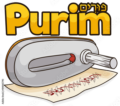 Metal Gragger over Blotted Name of Haman to Celebrate Purim, Vector Illustration