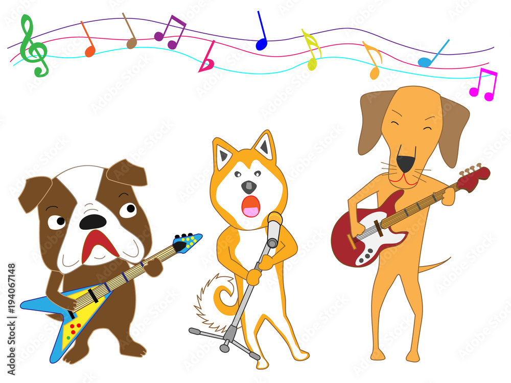 Fototapeta premium 犬のコンサート。犬がギターを演奏している。