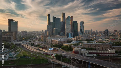 sunset evening moscow modern city traffic road aerial panorama 4k timelapse russia
