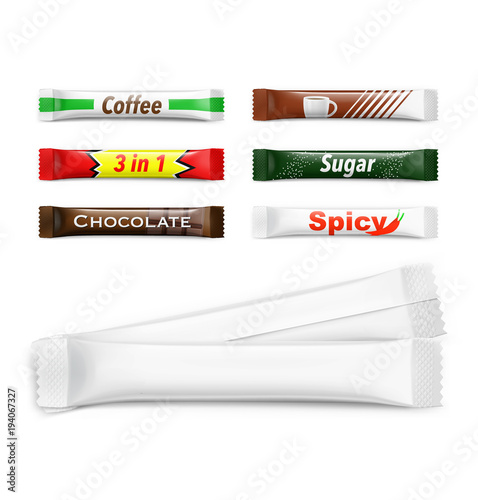 Universal mockups of blank packaging sticks. Vector illustration isolated on white background, ready and simple to use for your design. EPS10