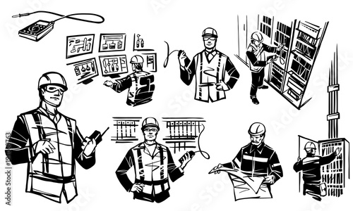 Engineer at the control cabinet RPA. On the monitor the HMI screen. Illustration depicting automation engineers. Engineer with multimeter test industrial cabinet of relay protection and automation.