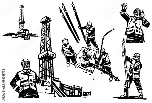 An oil engineer with a radio on the background of a drilling oil rig. Workers drill a well. Separate drilling rig.