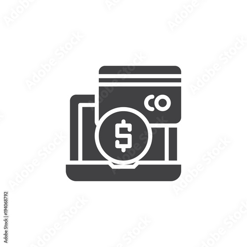 Online payment methods vector icon. filled flat sign for mobile concept and web design.  Laptop with dollar coin and credit card simple solid icon. Symbol, logo illustration