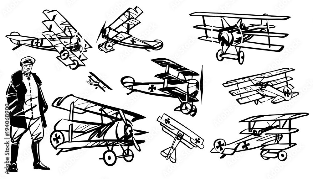 Set of illustrations triplanes of the first world war. German pilot of World  War I against the background of the triplane. Stock Vector | Adobe Stock
