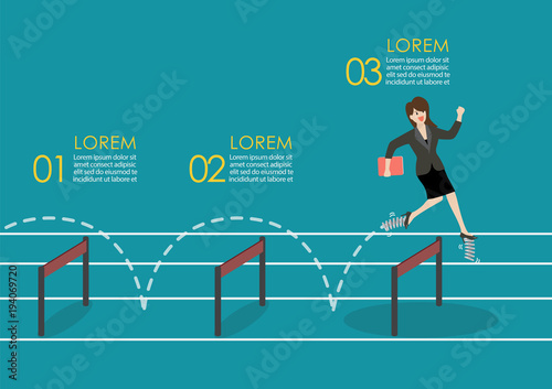 Business woman with elastic spring shoes jumping over hurdle infographic jumping over hurdle infographic