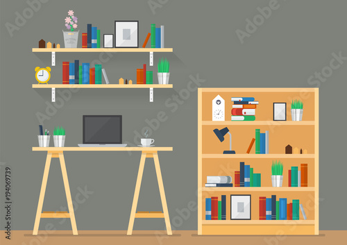 Working space with bookshelves in flat style