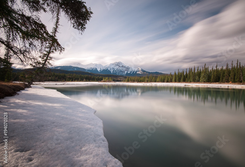 The Athabasca River flooding during the spring thaw in Jasper  Alberta