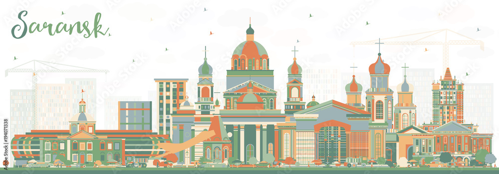 Saransk Russia City Skyline with Color Buildings.