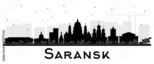 Saransk Russia City Skyline Silhouette with Black Buildings Isolated on White.