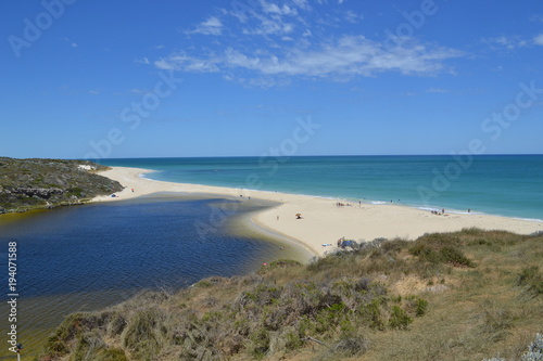 Tourism summer holiday destination western Australia Moore river white sand dark blue beach beach