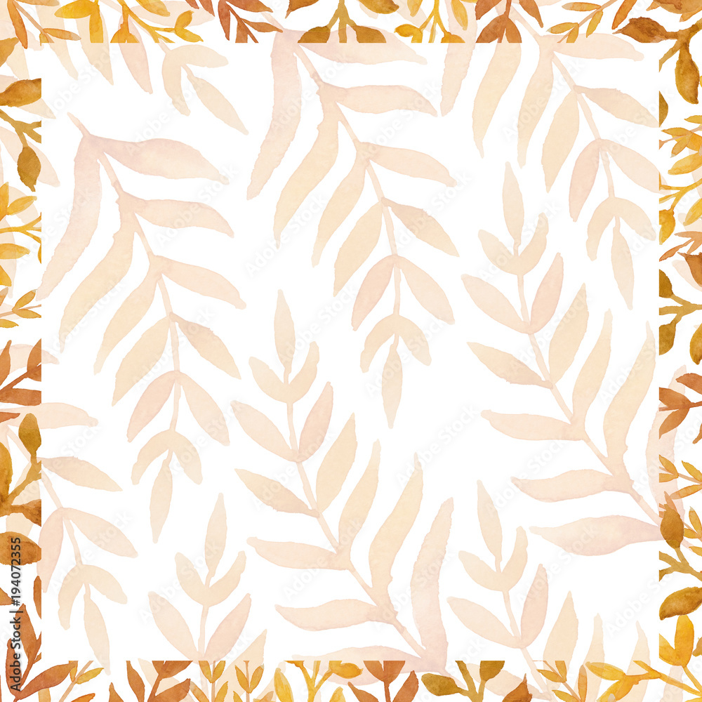 Fototapeta premium Beautiful abstract red leaves painted with watercolor make up a square decorative frame with white background