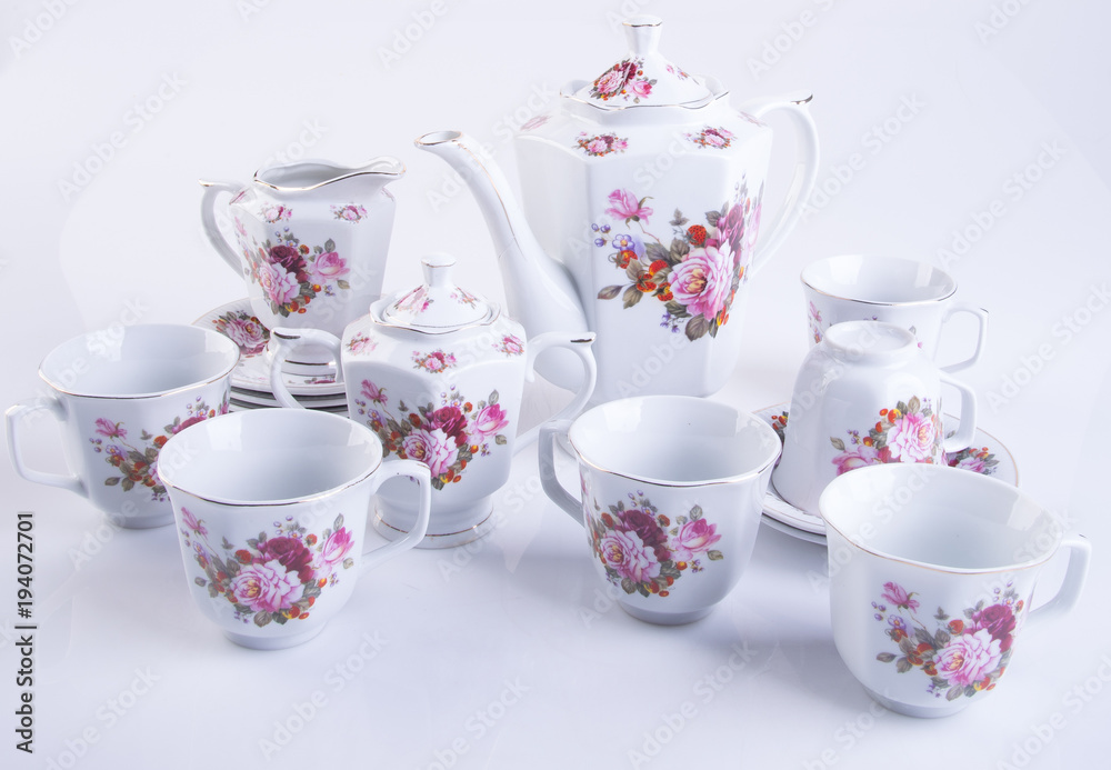 tea set or porcelain tea set on background.