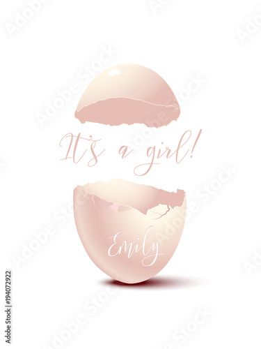 Pink eggshell with It's a girl text. Vector retro greeting newborn postcard element.