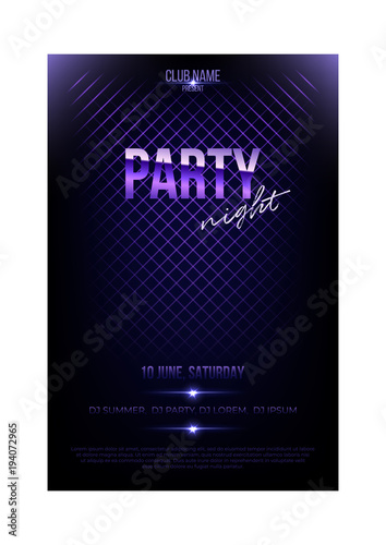 Night party flyer template. Violet metal words and spotligts on dark background.
