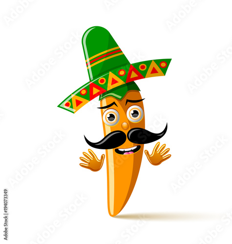 Yellow chilli pepper character with sombrero hat on white background