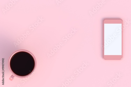 Coffee cup with smart phone on pink background, Top view with copyspace for your text, 3D rendering