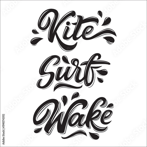 Water extreme sport lettering set in graffiti style isolated on white background: kite, surf, wake. Vector illustration for design t-shirts, banners, labels, clothes, apparel, water extreme sports com