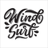 Wind surfing lettering logo in graffiti style isolated on white background. Vector illustration for design t-shirts, banners, labels, clothes, apparel, water extreme sports competition.