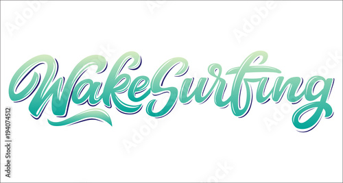 Wake surfing lettering logo in graffiti style isolated on white background. Vector illustration for design t-shirts, banners, labels, clothes, apparel, water extreme sports competition.