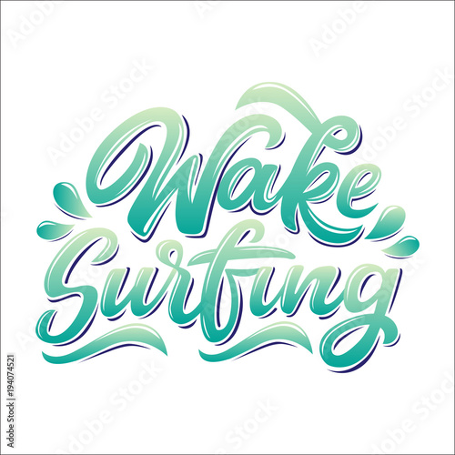 Wake surfing lettering logo in graffiti style isolated on white background. Vector illustration for design t-shirts, banners, labels, clothes, apparel, water extreme sports competition.