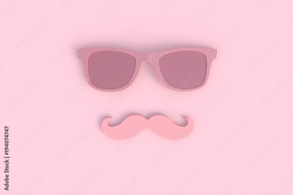 Father's day concept. Hipster pink sunglasses and funny moustache on pink background, 3D rendering Father's day concept. Hipster pink sunglasses and funny moustache on pink background, 3D rendering