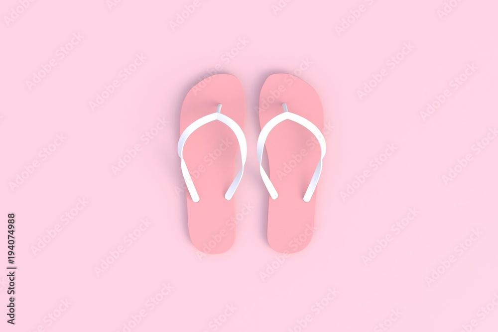Flip flops on pink wooden floor, 3D rendering