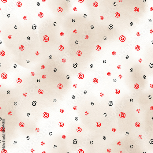 Swirling spiral seamless pattern of white circles. Mezen painting. Ethnic