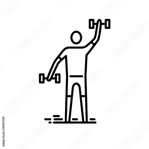 Thin line icon. Man exercising with bumbbell