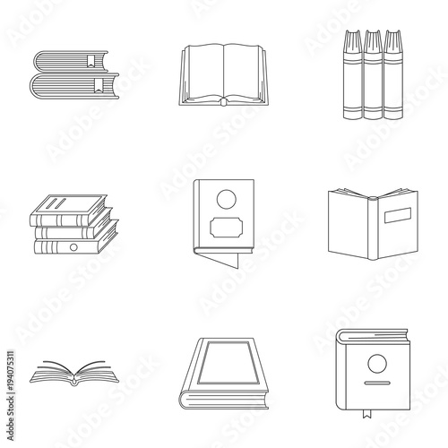 Reference book icons set. Outline set of 9 reference book vector icons for web isolated on white background