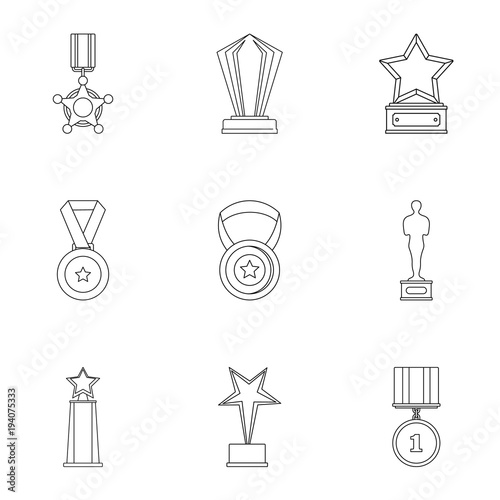 Accomplishment icons set. Outline set of 9 accomplishment vector icons for web isolated on white background