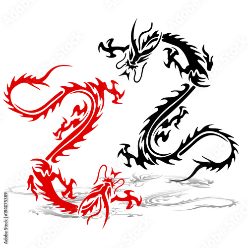 Two silhouette of a dragon (red and black) in a fight.Tattoo on a white background,