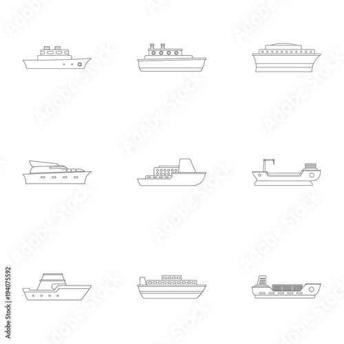 Powerboat icons set. Outline set of 9 powerboat vector icons for web isolated on white background