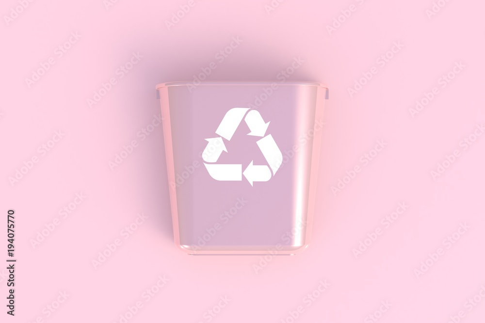 Front view of pink recycling bin on a pink background, 3D rendering Front view of pink recycling bin on a pink background, 3D rendering