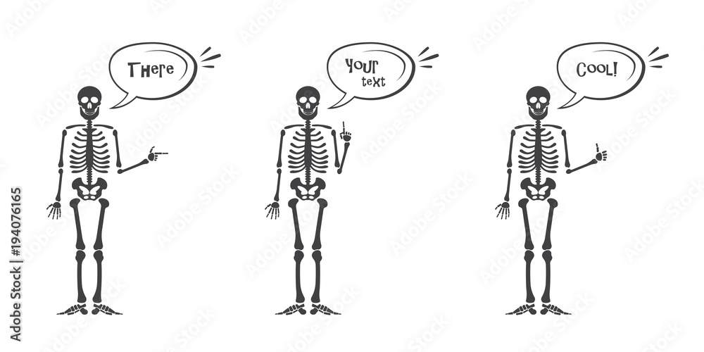 Skeleton hand gestures set. Human skeleton posing isolated on white background illustration.