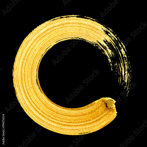 Gold hand drawn circle paint brush stroke isolated on black background. Abstract vector golden acrylic textured smear spot. Banner design template